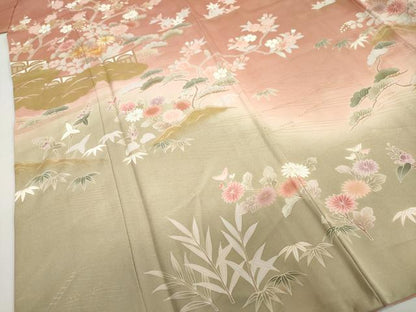 平和屋着物●訪問着　駒刺繍　流水草花文　暈し染め　金彩　正絹　逸品　DABF1401ud