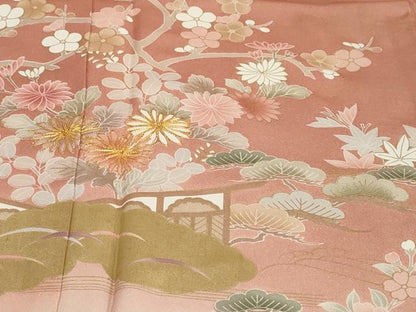 平和屋着物●訪問着　駒刺繍　流水草花文　暈し染め　金彩　正絹　逸品　DABF1401ud
