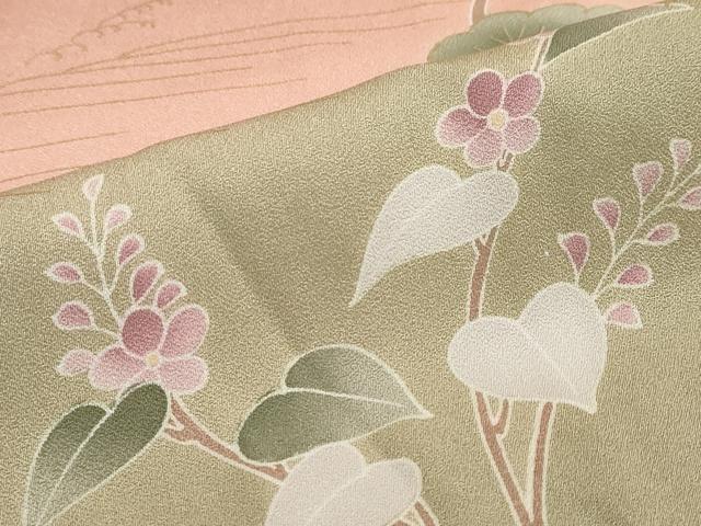 平和屋着物●訪問着　駒刺繍　流水草花文　暈し染め　金彩　正絹　逸品　DABF1401ud