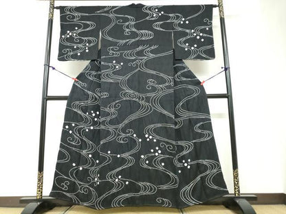 平和屋着物●訪問着　駒刺繍　絞り　流水文　黒地　正絹　逸品　DABF1411ud