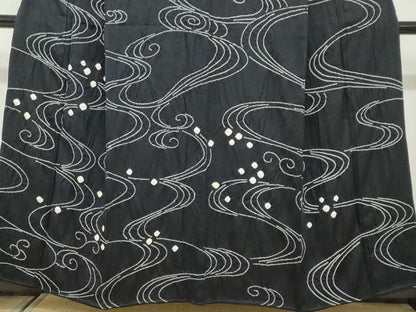 平和屋着物●訪問着　駒刺繍　絞り　流水文　黒地　正絹　逸品　DABF1411ud