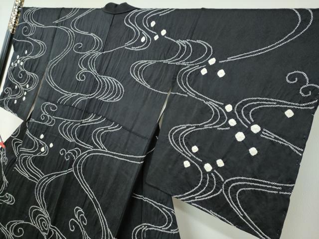 平和屋着物●訪問着　駒刺繍　絞り　流水文　黒地　正絹　逸品　DABF1411ud