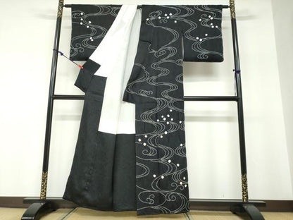 平和屋着物●訪問着　駒刺繍　絞り　流水文　黒地　正絹　逸品　DABF1411ud
