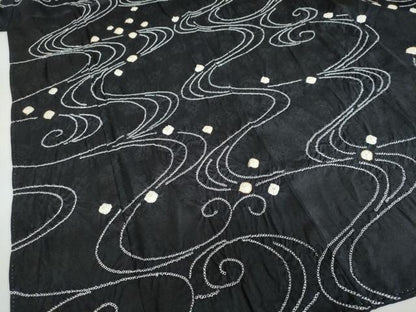 平和屋着物●訪問着　駒刺繍　絞り　流水文　黒地　正絹　逸品　DABF1411ud