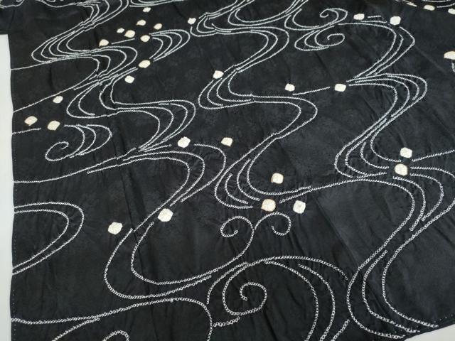 平和屋着物●訪問着　駒刺繍　絞り　流水文　黒地　正絹　逸品　DABF1411ud