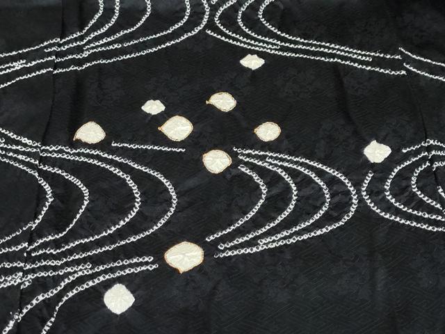 平和屋着物●訪問着　駒刺繍　絞り　流水文　黒地　正絹　逸品　DABF1411ud