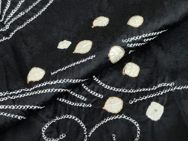 平和屋着物●訪問着　駒刺繍　絞り　流水文　黒地　正絹　逸品　DABF1411ud