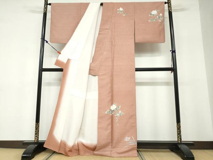 平和屋着物●十日町友禅　女流作家　遠田藤舟 　訪問着　紬地　草花文　正絹　逸品　DABF1415ud