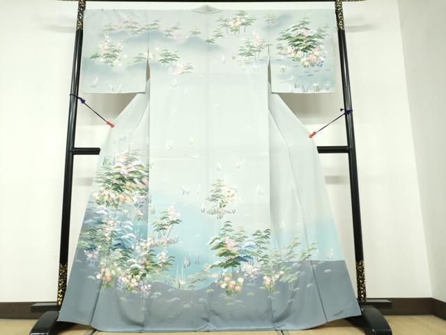 平和屋着物●十日町友禅 一梗 訪問着 流水風景草花文 暈し染め 正絹 逸品 未使用 DABF1421ud