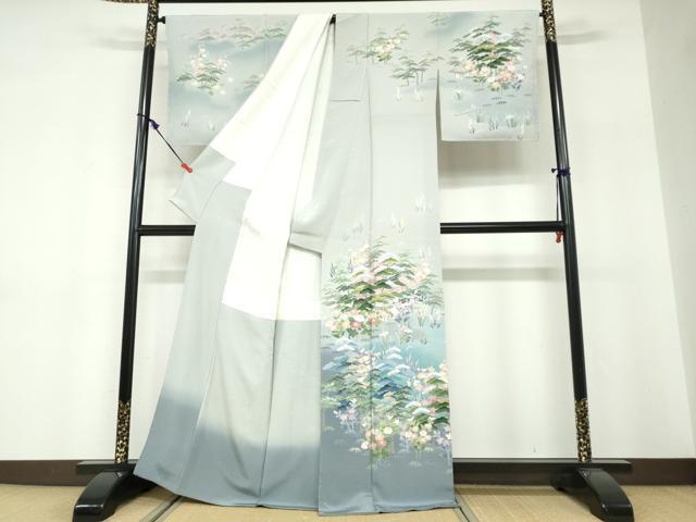 平和屋着物●十日町友禅 一梗 訪問着 流水風景草花文 暈し染め 正絹 逸品 未使用 DABF1421ud