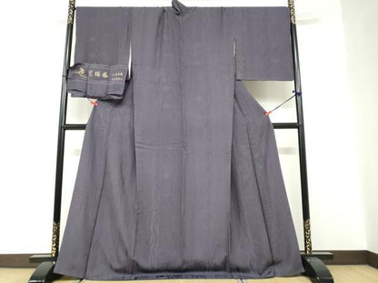 平和屋着物●花瑞鳳 色無地 寿光織 桐竹鳳凰文 深紫色 さが美扱い 反端付き 正絹 逸品 DABF1423ud