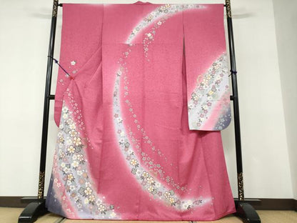 平和屋着物●豪華振袖　舞桜文　暈し染め　金彩　金通し地　正絹　逸品　DABF1433ud