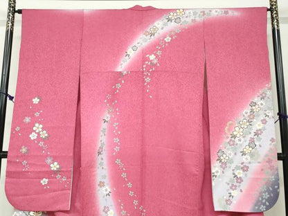 平和屋着物●豪華振袖　舞桜文　暈し染め　金彩　金通し地　正絹　逸品　DABF1433ud