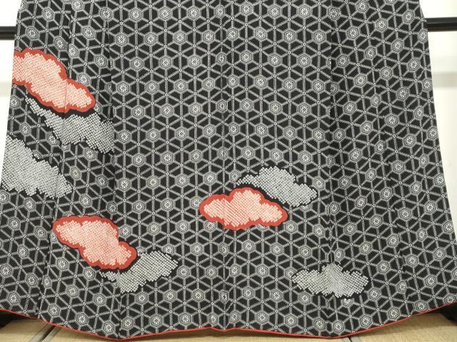 平和屋着物●訪問着　絞り　雲取り亀甲花文　黒地　正絹　逸品　DABF1438ud