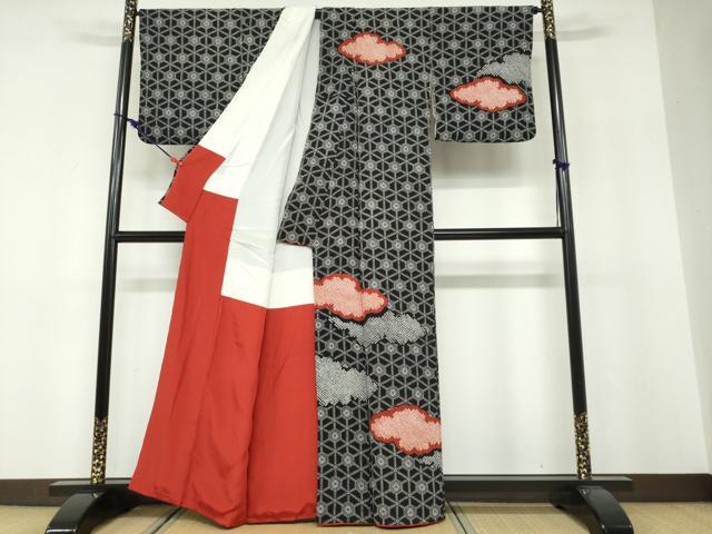 平和屋着物●訪問着　絞り　雲取り亀甲花文　黒地　正絹　逸品　DABF1438ud