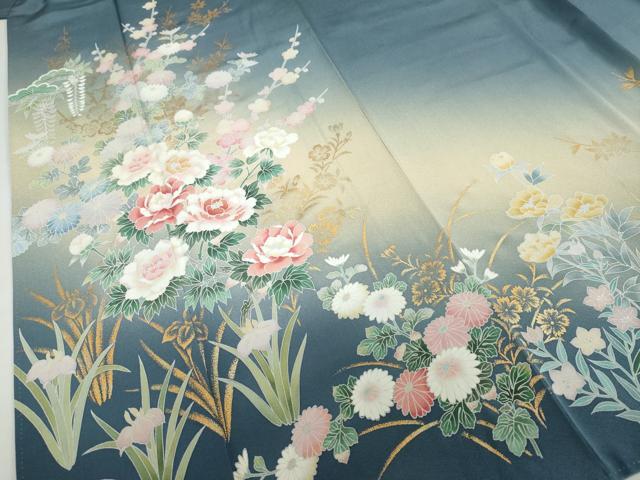 平和屋着物●訪問着 友禅 作家物 草花文 暈し染め 金彩 反端付き 正絹 逸品 DABF1446ud