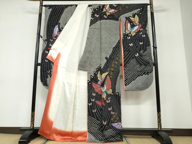 平和屋着物●豪華振袖 絞り 舞蝶文 黒地 金銀彩 正絹 逸品 DABF1447ud