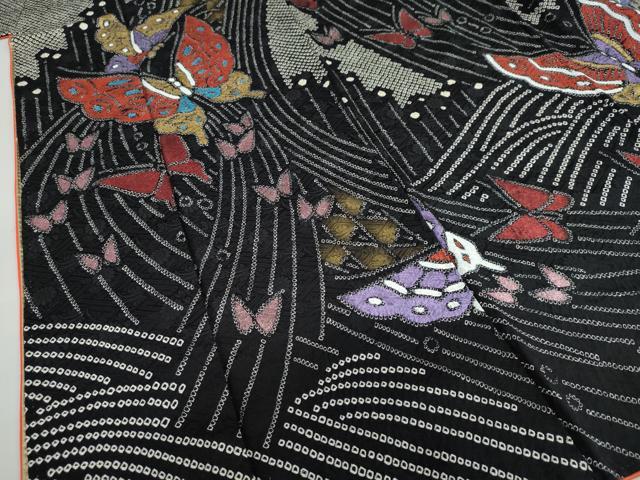 平和屋着物●豪華振袖 絞り 舞蝶文 黒地 金銀彩 正絹 逸品 DABF1447ud