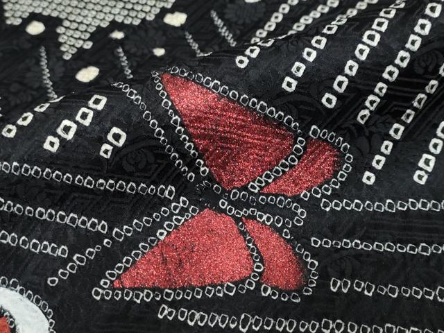 平和屋着物●豪華振袖 絞り 舞蝶文 黒地 金銀彩 正絹 逸品 DABF1447ud
