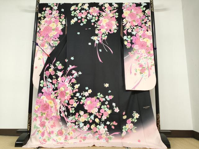 平和屋着物●豪華振袖 草花文 苺 暈し染め 黒地 金彩 正絹 逸品 DABF1450ud