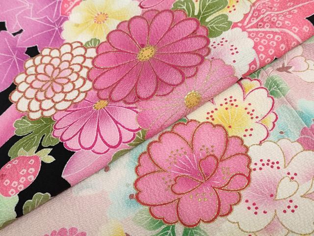 平和屋着物●豪華振袖 草花文 苺 暈し染め 黒地 金彩 正絹 逸品 DABF1450ud