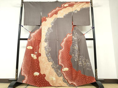 平和屋着物●訪問着 絞り 刺繍 地紙飾花文 金銀彩 正絹 逸品 DABF1456ud