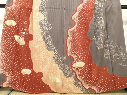平和屋着物●訪問着 絞り 刺繍 地紙飾花文 金銀彩 正絹 逸品 DABF1456ud