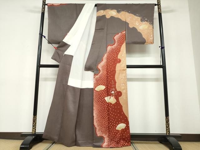 平和屋着物●訪問着 絞り 刺繍 地紙飾花文 金銀彩 正絹 逸品 DABF1456ud