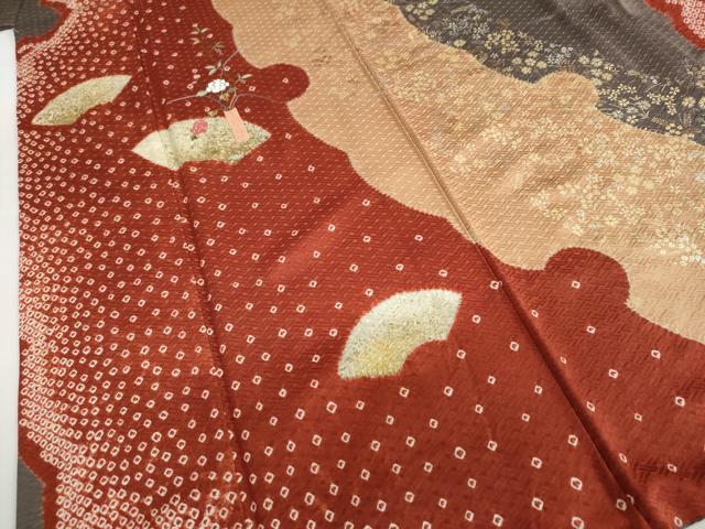 平和屋着物●訪問着 絞り 刺繍 地紙飾花文 金銀彩 正絹 逸品 DABF1456ud