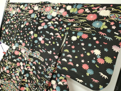 平和屋着物●訪問着　風景草花文　黒地　鬼しぼ縮緬　正絹　逸品　DABF1457ud