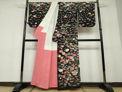 平和屋着物●訪問着　風景草花文　黒地　鬼しぼ縮緬　正絹　逸品　DABF1457ud