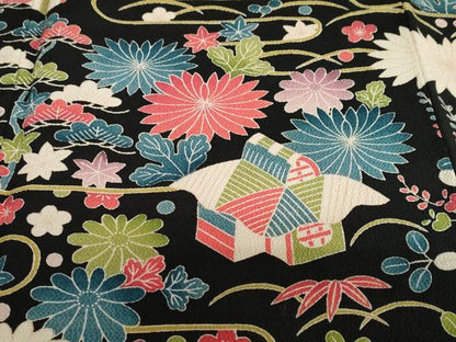 平和屋着物●訪問着　風景草花文　黒地　鬼しぼ縮緬　正絹　逸品　DABF1457ud