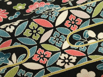 平和屋着物●訪問着　風景草花文　黒地　鬼しぼ縮緬　正絹　逸品　DABF1457ud