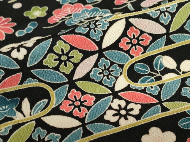 平和屋着物●訪問着　風景草花文　黒地　鬼しぼ縮緬　正絹　逸品　DABF1457ud