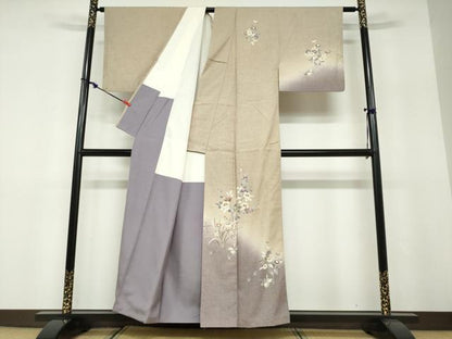 平和屋着物●訪問着　作家物　紬地　草花文　金彩　正絹　逸品　DABF1462ud