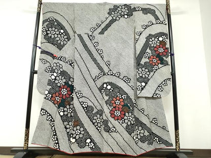 平和屋着物●豪華振袖　総絞り　草花文　黒地　正絹　逸品　DABF1467ud