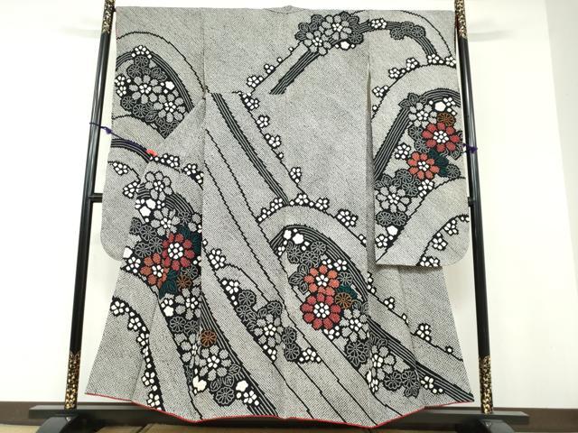 平和屋着物●豪華振袖　総絞り　草花文　黒地　正絹　逸品　DABF1467ud
