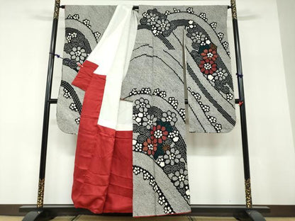 平和屋着物●豪華振袖　総絞り　草花文　黒地　正絹　逸品　DABF1467ud