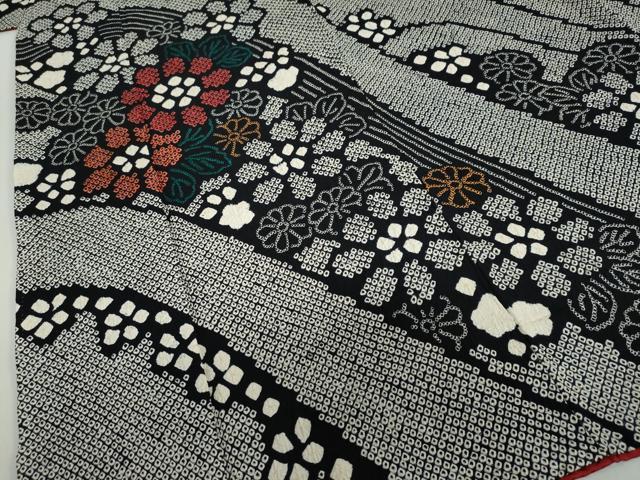 平和屋着物●豪華振袖　総絞り　草花文　黒地　正絹　逸品　DABF1467ud