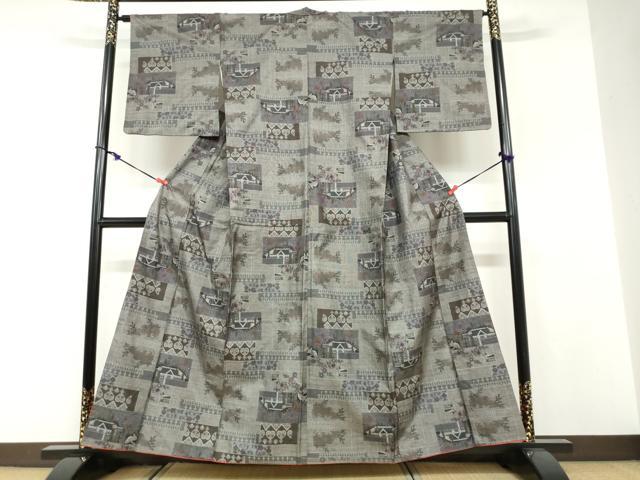 平和屋着物●本場大島紬　9マルキ　風景草花文　正絹　逸品　DABF1471ud