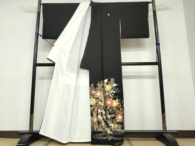 平和屋着物●豪華黒留袖　螺鈿　流水草花文　本金箔　正絹　逸品　DABF1491ud