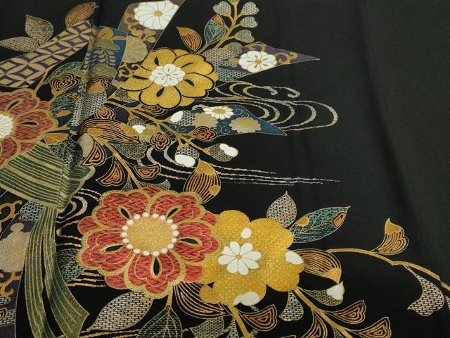 平和屋着物●豪華黒留袖　螺鈿　流水草花文　本金箔　正絹　逸品　DABF1491ud