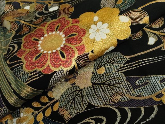 平和屋着物●豪華黒留袖　螺鈿　流水草花文　本金箔　正絹　逸品　DABF1491ud