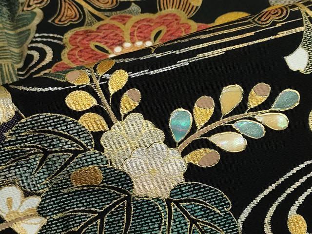 平和屋着物●豪華黒留袖　螺鈿　流水草花文　本金箔　正絹　逸品　DABF1491ud