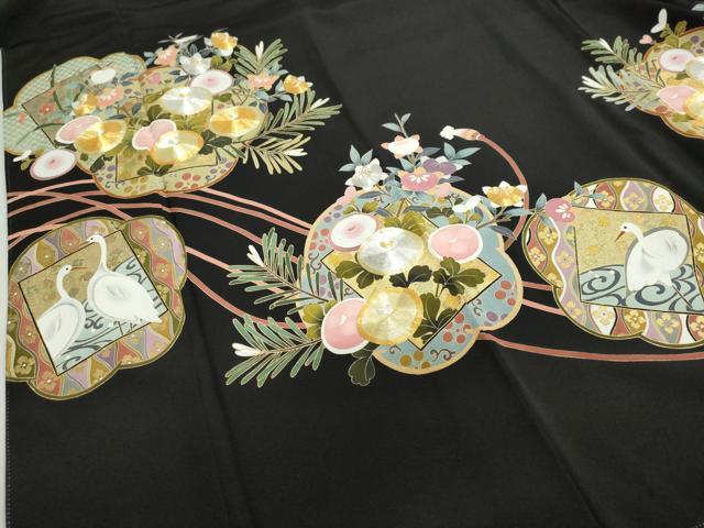 平和屋着物●豪華黒留袖　作家物　駒刺繍　群鶴草花文　金彩　正絹　逸品　DABF1495ud