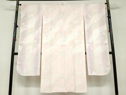 平和屋着物●振袖用長襦袢　袷　舞桜鈴地紋　暈し染め　半衿刺繍　正絹　逸品　DABF1500ud