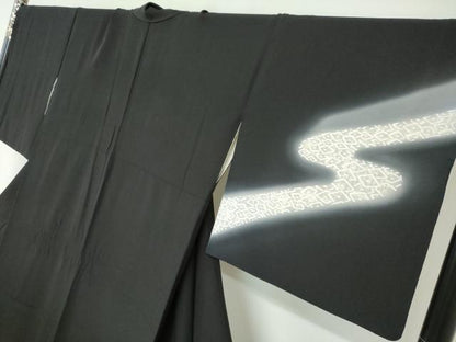 平和屋着物●訪問着　刺繍　流水文　暈し染め　黒地　金糸　正絹　逸品　DABF1555ud