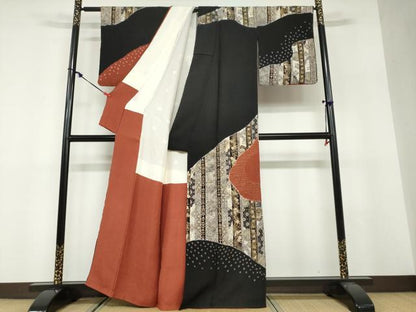 平和屋着物●訪問着　絞り　鳳凰草花文　黒地　金彩　正絹　逸品　DABF1561ud