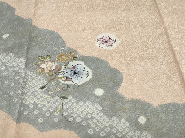 平和屋着物●中国三大刺繍　スワトウ刺繍　汕頭刺繍　訪問着　絞り　道長草花文　金彩　正絹　逸品　DABF1562ud