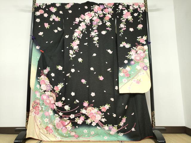 平和屋着物●豪華振袖　草花文　暈し染め　黒地　金通し地　正絹　逸品　DABF1567ud